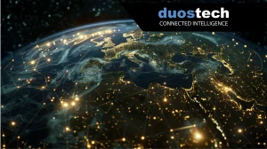 Image of globe with lights with Duos Tech logo