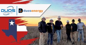 Image Shane Stokes (City Manager, Pampa, TX), Jimmy L. Keough (Commissioner Ward 3 Mayor protem, TX), Ted Hutto (Vice President, PEC), Doug Recker (President and Founder, Duos Edge AI), Ryan Bradley (Executive Director, PEDC, TX), and David Dorman (Director of Commercial Operations, Duos Energy Corp.) With images of Texas state outline, Duos edge ai logo, and Duos Energy Corp Logo.